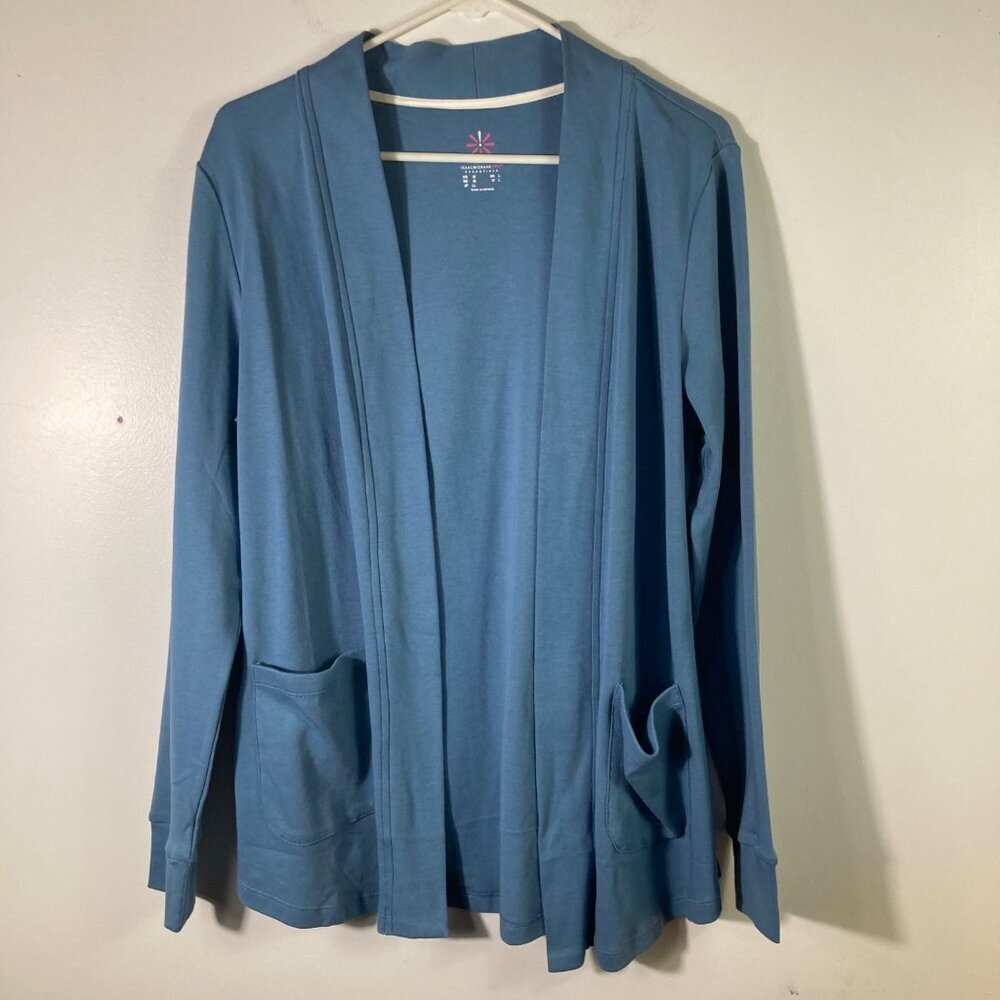 Womens Isaac Mizrahi Essentials Curved Hem Knit Cotton Cardigan Blue M A392881